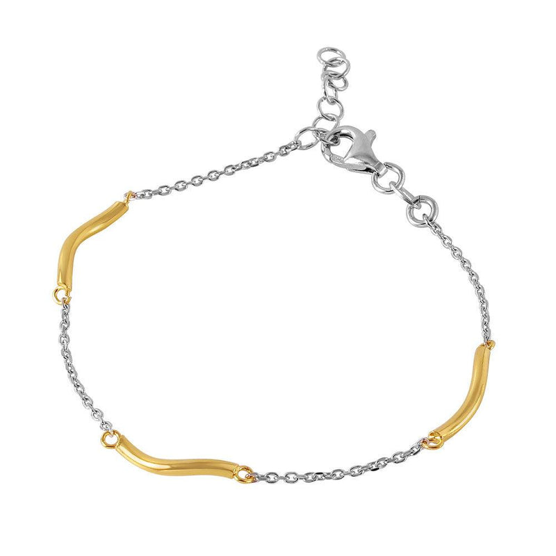 Silver 925 Rhodium Plated Chain with Gold Plated Curved Accents Italian Bracelet - ITB00165RH-GP | Silver Palace Inc.