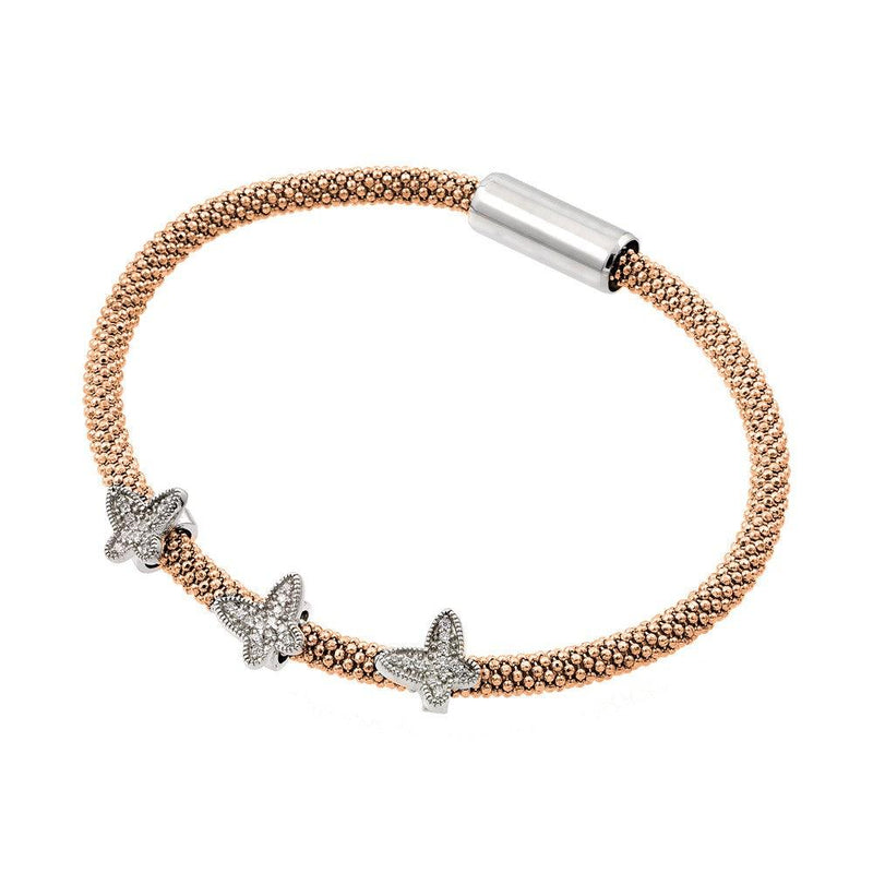 Closeout-Silver 925 Rhodium and Rose Gold Plated Butterfly Micro Pave Clear CZ Beaded Italian Bracelet - ITB00176RGP | Silver Palace Inc.