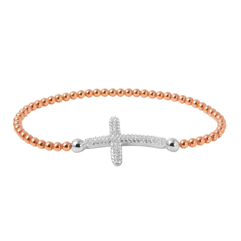 Closeout-ilver 925 Rose Gold Plated Beaded Italian Bracelet with CZ Encrusted Cross - ITB00195RGP-RH | Silver Palace Inc.