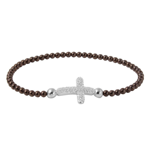 Closeout-Silver 925 Black Rhodium Plated Beaded Italian Bracelet With CZ Encrusted Cross - ITB00196BLK | Silver Palace Inc.