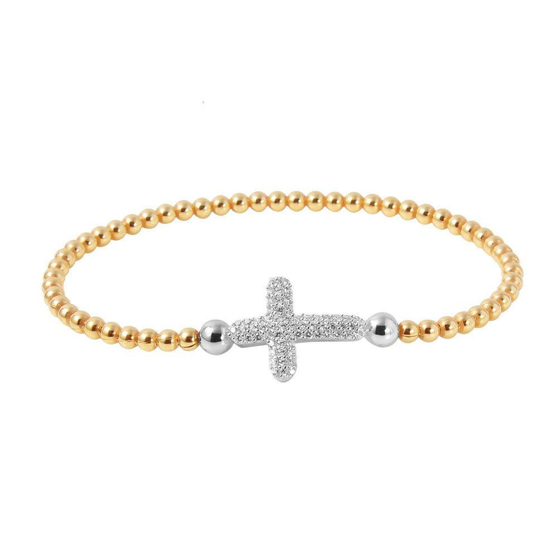 Closeout-Silver 925 Gold Plated Beaded Italian Bracelet with CZ Encrusted Cross - ITB00196GP-RH | Silver Palace Inc.