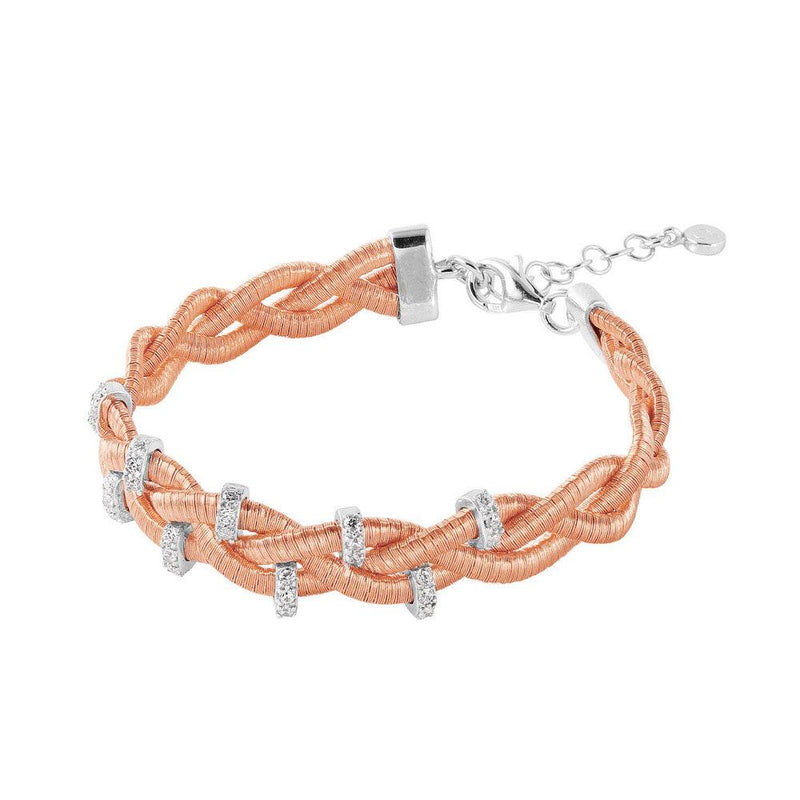Silver 925 Rose Gold Plated Braided Italian Bracelet with Small CZ Bar Accents - ITB00208RGP-RH | Silver Palace Inc.