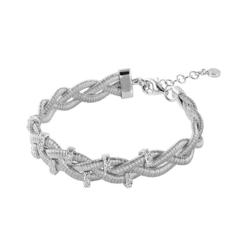 Silver 925 Rhodium Plated Braided Italian Bracelet with Small CZ Bar Accents - ITB00208RH | Silver Palace Inc.
