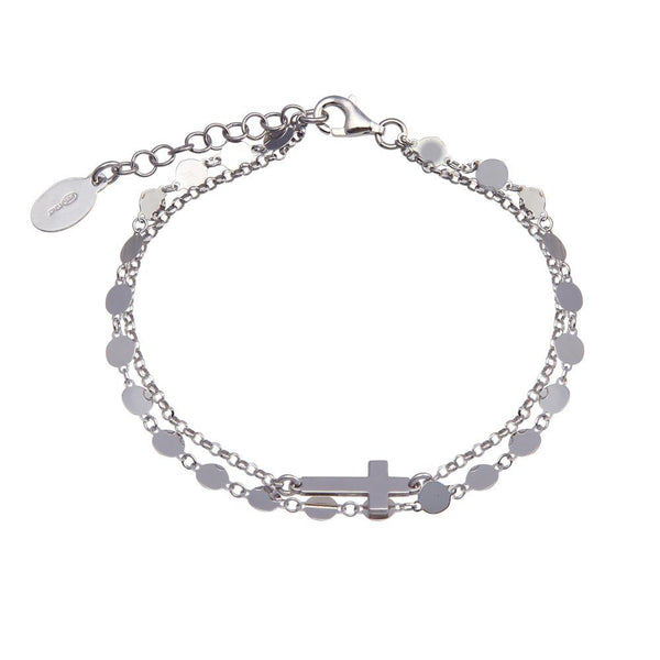 Rhodium Plated 925 Sterling Silver Disc Cross Link Chain Bracelet - ITB00314-RH | Silver Palace Inc.