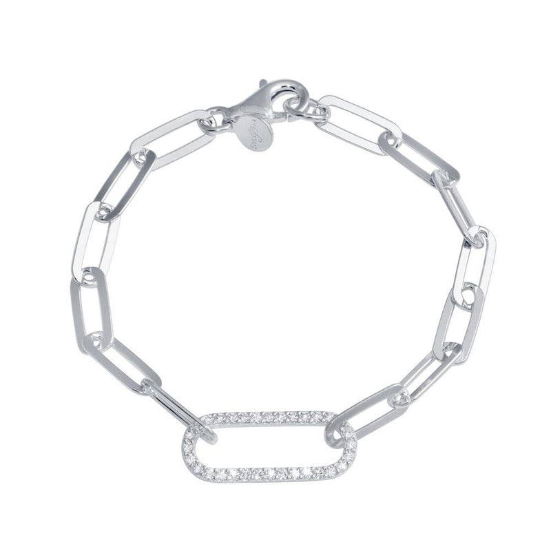Rhodium Plated 925 Sterling Silver Paperclip CZ Chain Bracelet - ITB00324-RH | Silver Palace Inc.