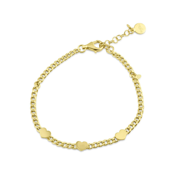 Silver 925 Gold Plated 3 Hearts Charm Adjustable Curb Chain Bracelet - ITB00326-GP | Silver Palace Inc.