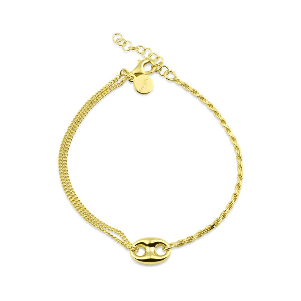 Silver 925 Gold Plated Puffed Mariner Charm Double Strand Curb and Rope Adjustable Bracelet - ITB00330-GP | Silver Palace Inc.