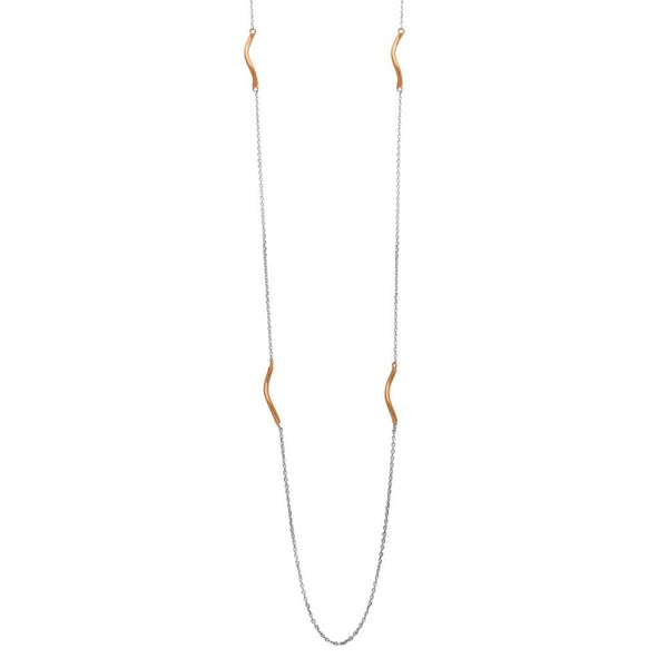 Closeout-Silver 925 Rose Gold Plated Curved Bar Long Necklace - ITN00103RH-RGP | Silver Palace Inc.