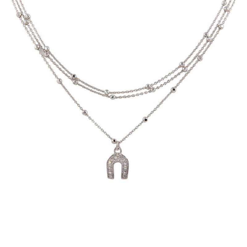 Silver 925 Rhodium Plated Multi Chain DC Beaded Horse Shoe Charm Choker Necklace - ITN00126RH | Silver Palace Inc.