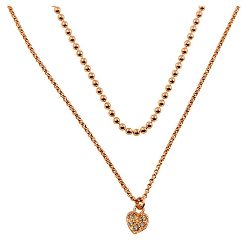 Silver 925 Rose Gold Plated Double Chain and Drop Heart Necklace - ITN00127RGP | Silver Palace Inc.