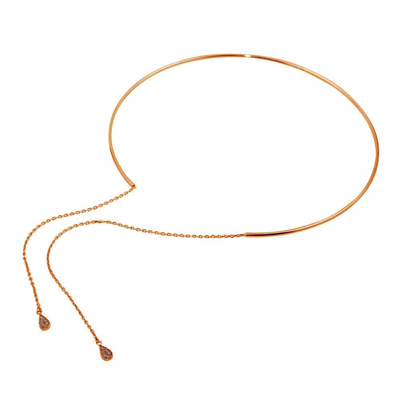 Silver 925 Rose Gold Plated Cuff Wire Necklace with Asymmetrical Tear Drops - ITN00130RGP | Silver Palace Inc.