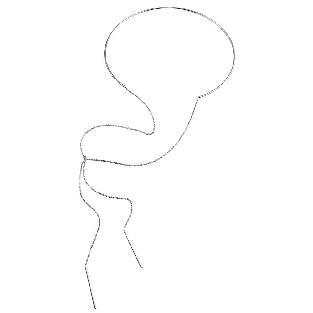 Silver 925 Rhodium Plated Open Choker Necklace with Dangling Bar - ITN00131RH | Silver Palace Inc.