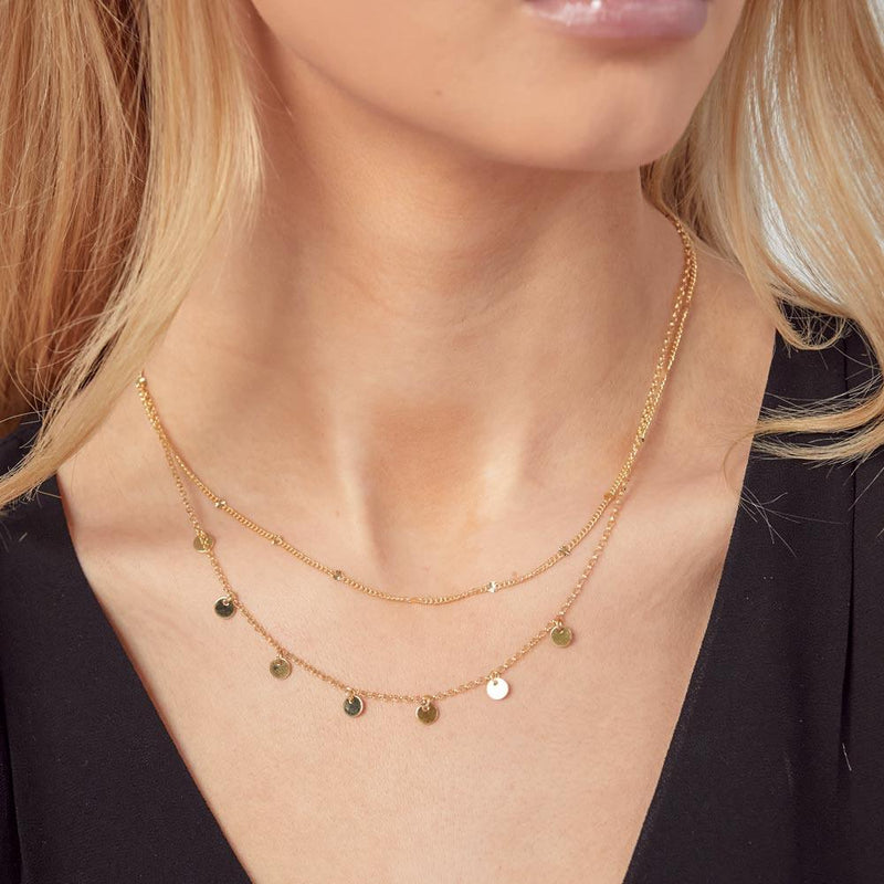 Collar con dije de disco colgante en plata de ley 925 bañada en oro - ITN00144-GP