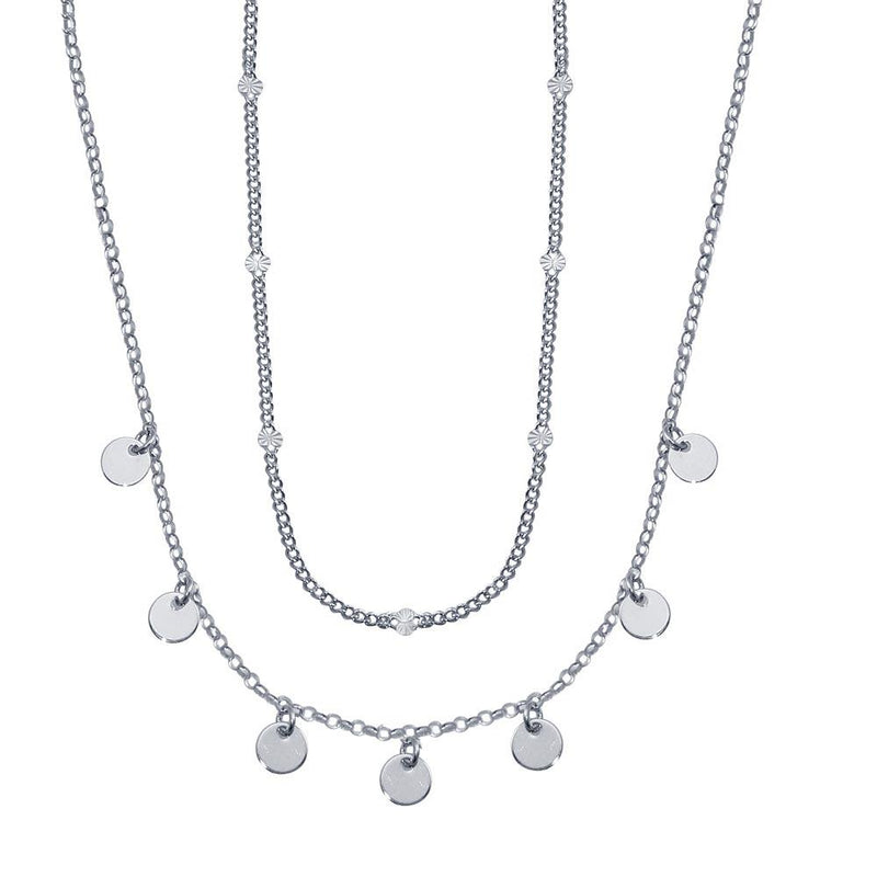 Silver 925 Rhodium Plated Multi Chain Dangling Disc Charm Necklace - ITN00144-RH | Silver Palace Inc.