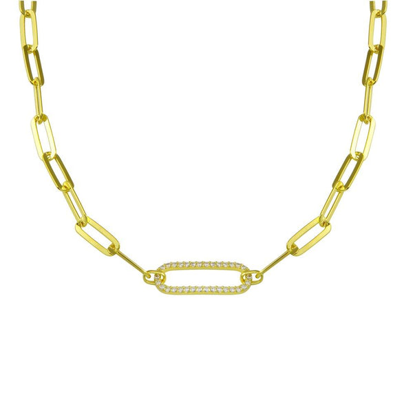 Silver 925 Gold Plated Paperclip Chain CZ Necklace - ITN00149-GP | Silver Palace Inc.