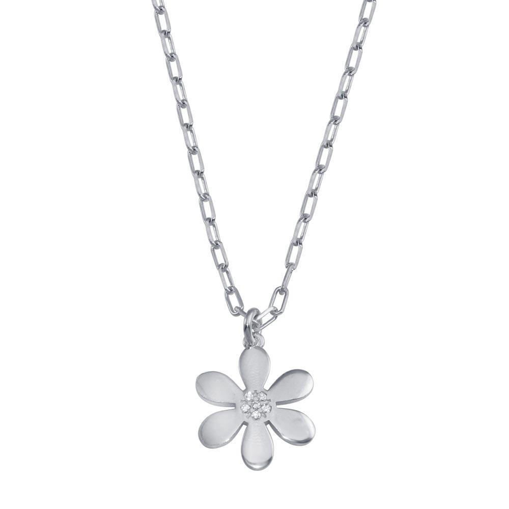 Rhodium Plated 925 Sterling Silver Paperclip Chain Flower CZ Necklace - ITN00154-RH | Silver Palace Inc.