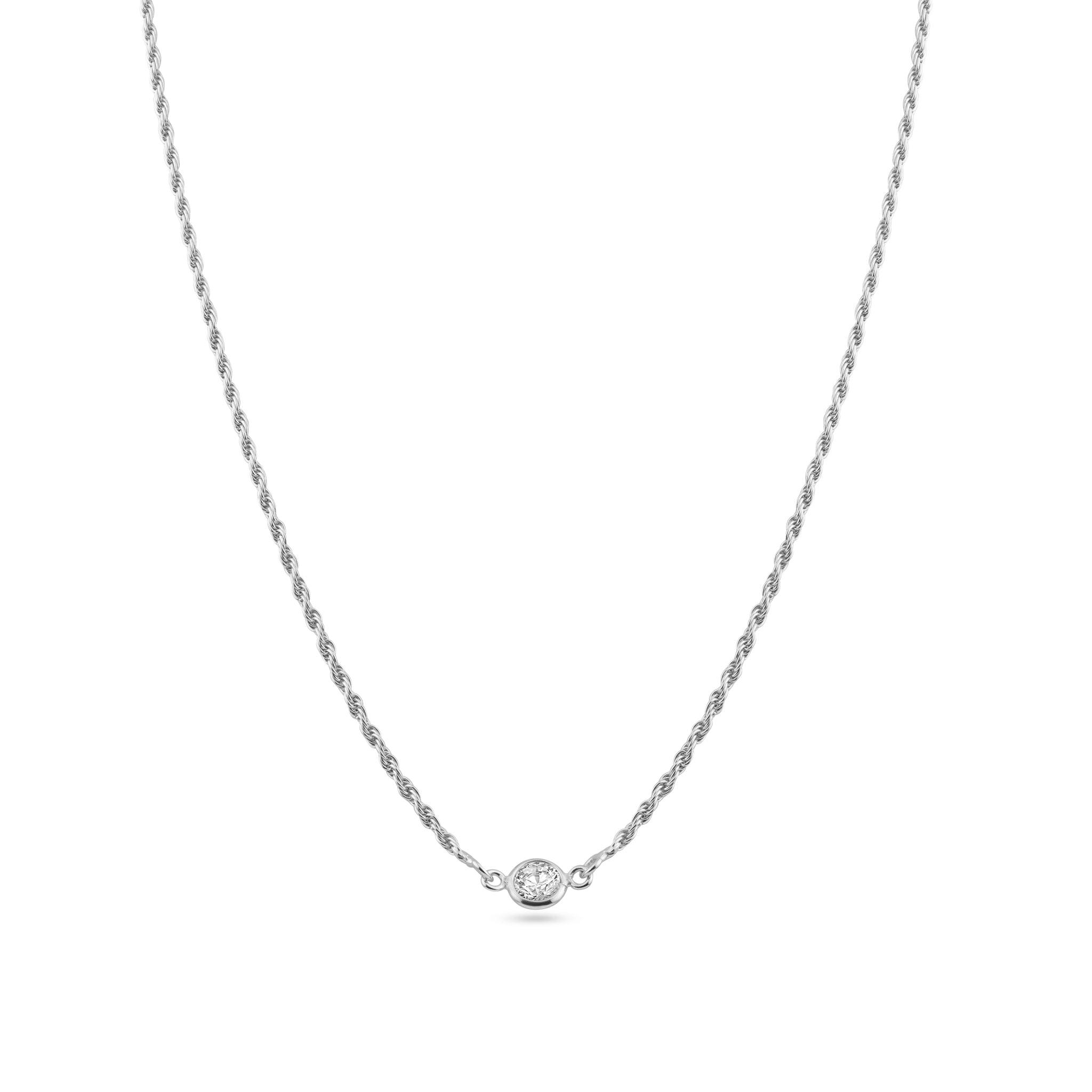 Rhodium Plated 925 Sterling Silver Rope Clear CZ Adjustable Link Necklace - ITN00160-RH | Silver Palace Inc.