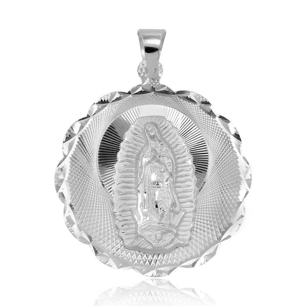 Silver 925 High Polished DC Wavy Edge Round Lady of Guadalupe Medallion Pendant - JCA098-1 | Silver Palace Inc.