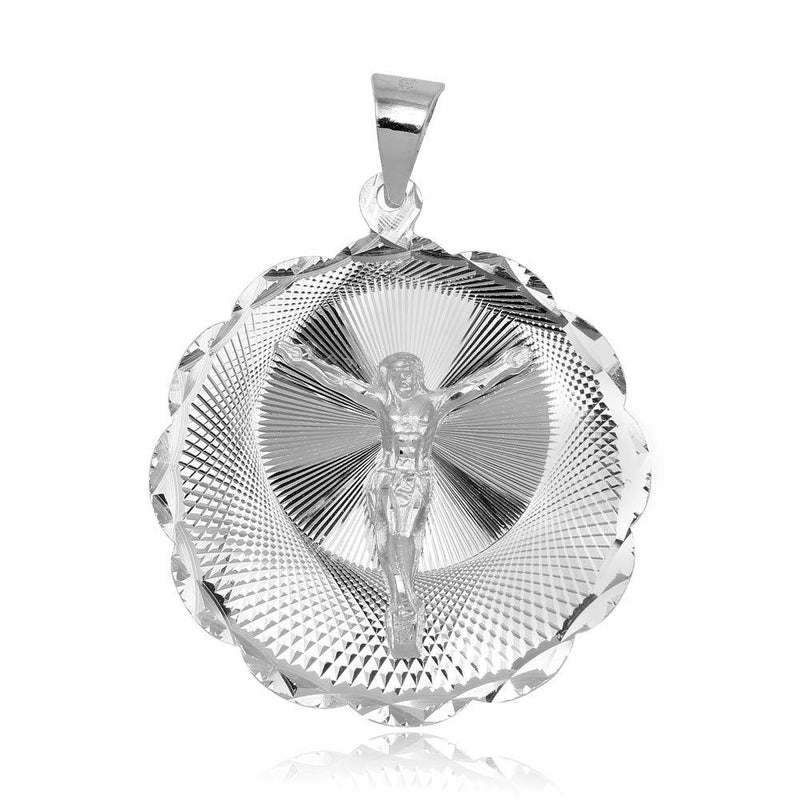 Silver 925 High Polished DC Wavy Edge Round Crucifix Medallion Pendant - JCA098-6 | Silver Palace Inc.