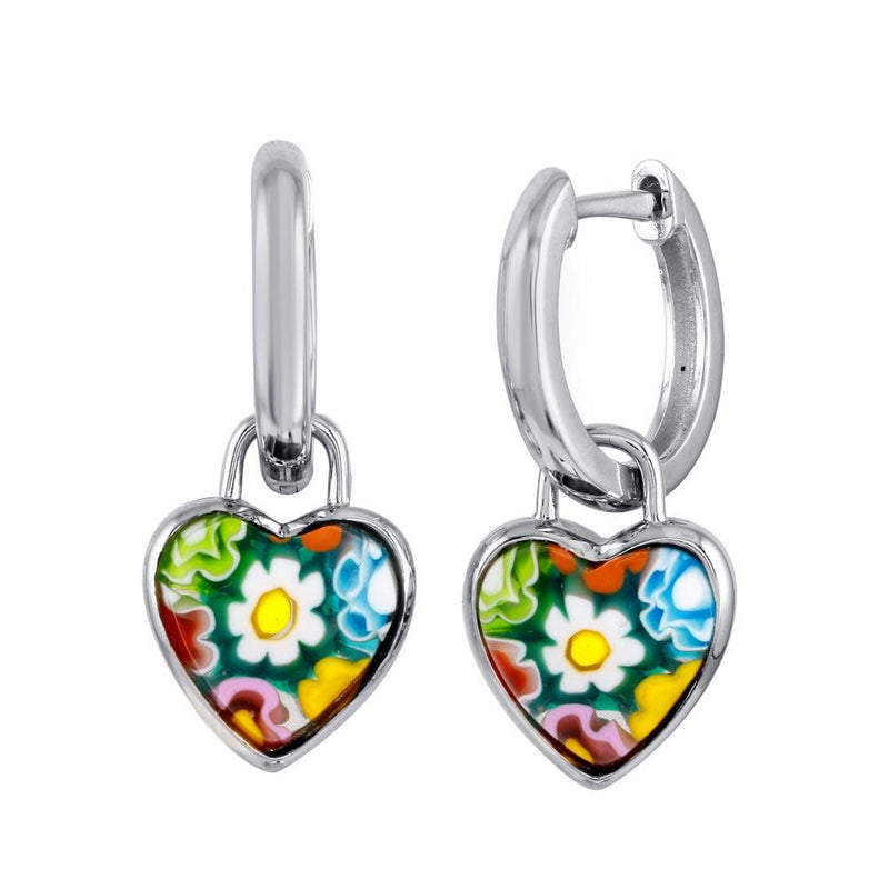 Sterling Silver 925 Rhodium Plated Murano Glass Heart Shaped huggie hoop Earring - ME00001 | Silver Palace Inc.
