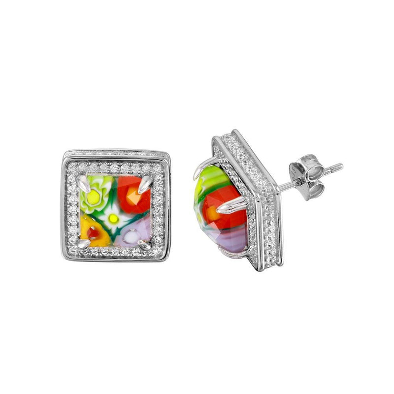 Sterling Silver 925 Rhodium Plated Murano Glass Square CZ Earring - ME00004 | Silver Palace Inc.