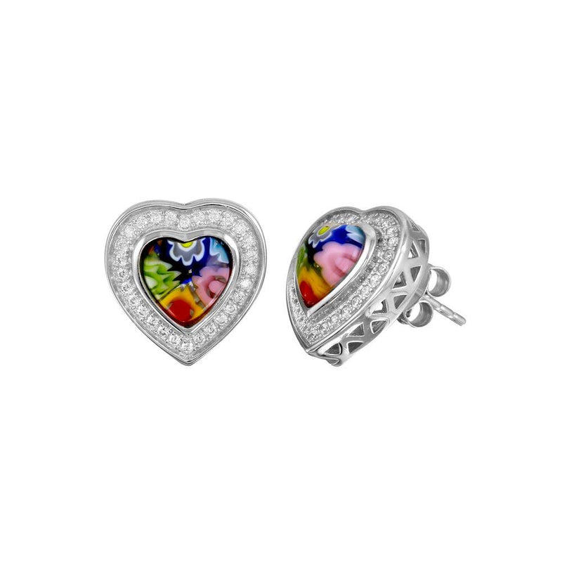 Sterling Silver 925 Rhodium Plated Murano Glass Heart Shaped CZ Earring - ME00006 | Silver Palace Inc.