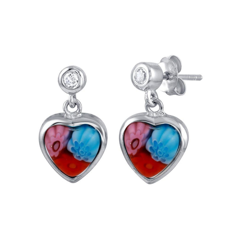 Sterling Silver 925 Rhodium Plated Red Purple and Blue Murano Glass CZ Heart Earring - ME00008 | Silver Palace Inc.