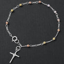 Silver 925 High Polished 3 Toned Beads with Tied Up Cross Rosary Bracelet - RSB07TR-3MM | Silver Palace Inc.
