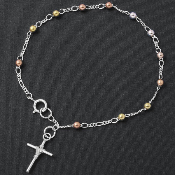 Silver 925 High Polished 3 Toned Beads with Tied Up Cross Rosary Bracelet - RSB07TR-3MM | Silver Palace Inc.