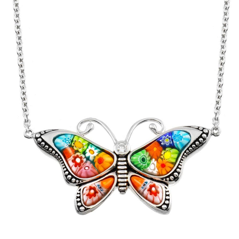 Sterling Silver 925 Rhodium Plated Butterfly Murano Glass CZ Necklace - MN00004 | Silver Palace Inc.