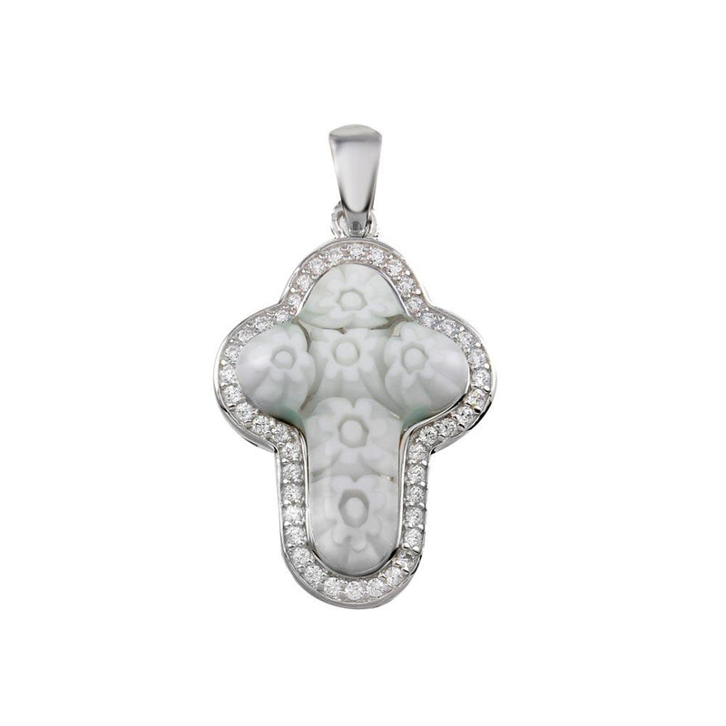 Sterling Silver 925 Rhodium Plated White Murano Glass Cross CZ Pendant - MP00001WHT | Silver Palace Inc.