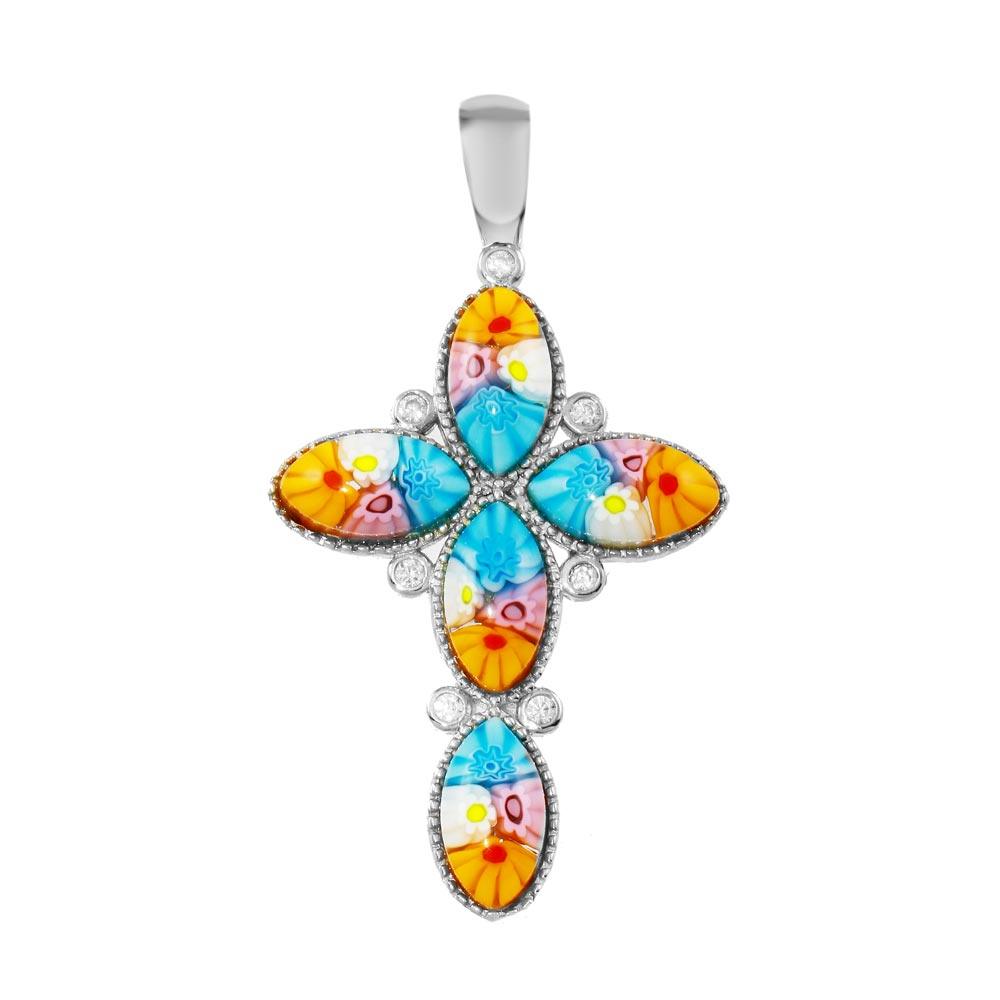 Sterling Silver 925 Rhodium Plated Cross Murano Glass With CZ Pendant - MP00003 | Silver Palace Inc.