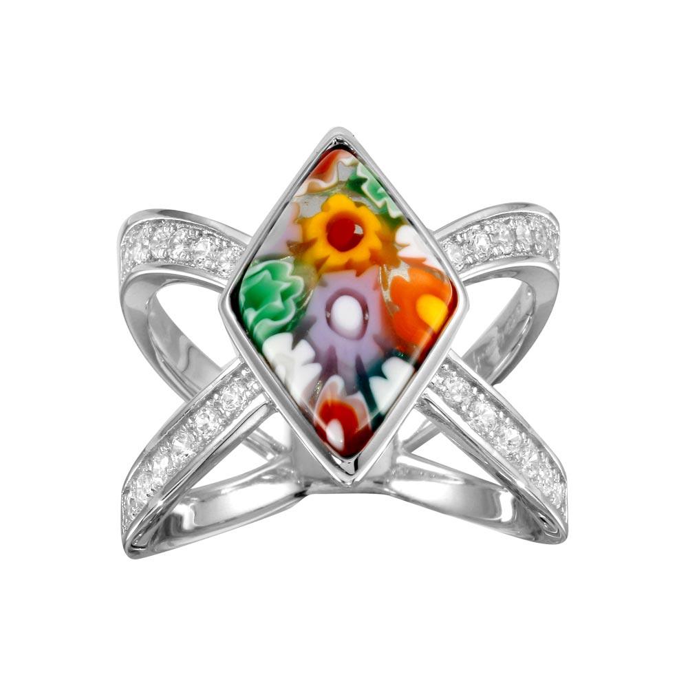 Sterling Silver 925 Rhodium Plated Open Shank Diamond Shape Murano Glass CZ Ring - MR00004 | Silver Palace Inc.