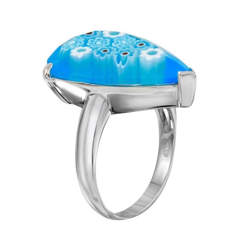 Rhodium Plated 925 Sterling Silver Blue Teardrop Murano Glass Ring - MR00011
