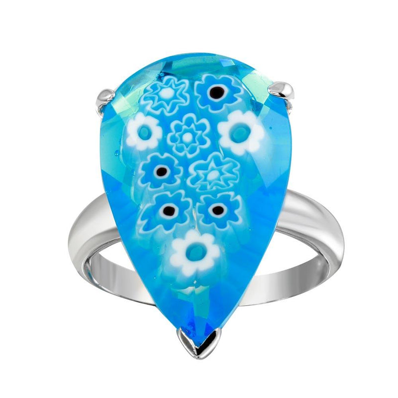 Sterling Silver 925 Rhodium Plated Blue Teardrop Murano Glass Ring - MR00011 | Silver Palace Inc.