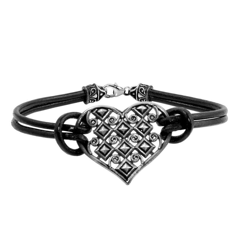 Closeout-Silver 925 Oxidized Cut Out Designed Heart Leather Bracelet - OXB00015 | Silver Palace Inc.