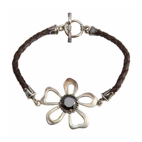 Closeout-Silver 925 Oxidized Cut Out Designed Flower Leather Bracelet - OXB00017 | Silver Palace Inc.
