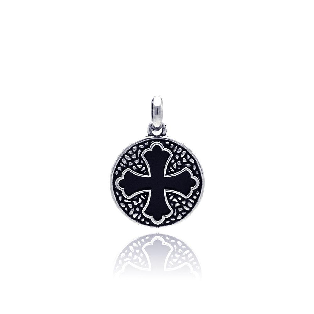 Church’s Silver 925 Oxidized Disc Black Stone Cross Patonce Pendant