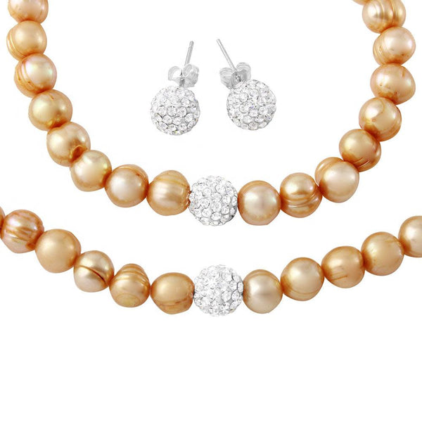 Fresh Water Champagne Pearl Set with CZ Encrusted Sterling Silver Beads - PJS00001CHP | Silver Palace Inc.