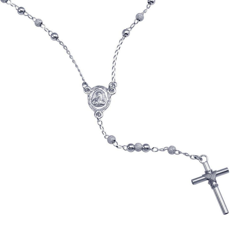 Silver 925 Rhodium Plated Alternating Glittered and Plain Beads Rosary Necklace - RS06RH-B-3MM | Silver Palace Inc.