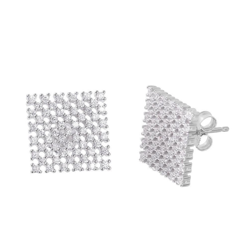 Silver 925 Rhodium Plated Large Checkered CZ Stud Earrings - ACE00080RH | Silver Palace Inc.