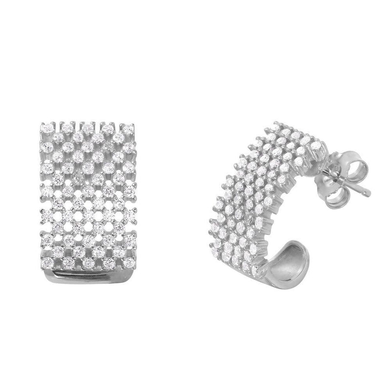 Silver 925 Rhodium Plated Thick Checkered CZ Semi-huggie hoops Earrings - ACE00083RH | Silver Palace Inc.