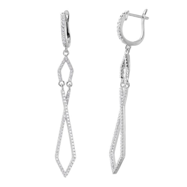 Silver 925 Rhodium Plated Dangling Open Square CZ huggie hoop Earrings - ACE00099RH | Silver Palace Inc.