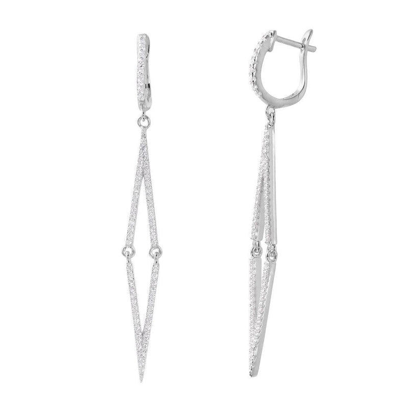 Silver 925 Rhodium Plated Dangling Long Thin Square CZ  huggie hoop Earrings - ACE00101RH | Silver Palace Inc.