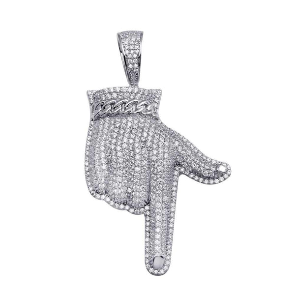 Rhodium Plated 925 Sterling Silver CZ Pointed Finger Hip Hop Pendant - SLP00002 | Silver Palace Inc.