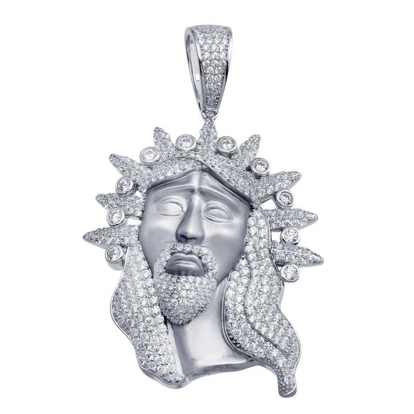 Rhodium Plated 925 Sterling Silver CZ Jesus Piece Hip Hop Pendant - SLP00003 | Silver Palace Inc.