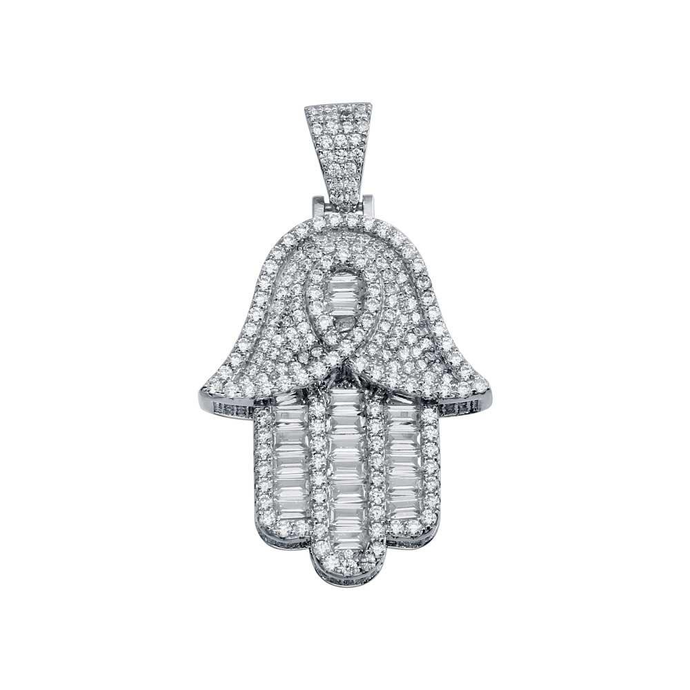 Rhodium Plated 925 Sterling Silver CZ Hamsa Hip Hop Pendant - SLP00005 | Silver Palace Inc.