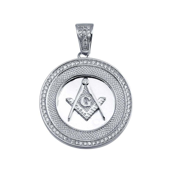 Rhodium Plated 925 Sterling Silver Masonic Sign Medallion Hip Hop Pendant - SLP00019 | Silver Palace Inc.