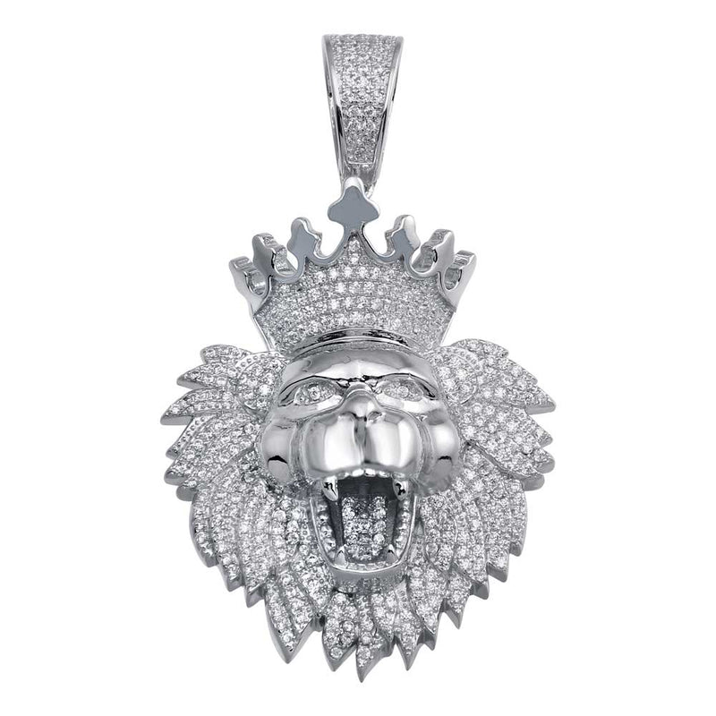 Silver 925 Rhodium Plated CZ Crowned Lion Hip Hop Pendant - SLP00024 | Silver Palace Inc.