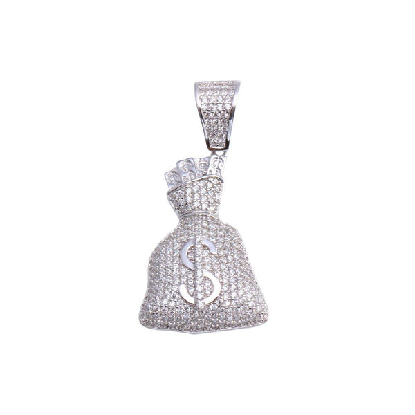 Rhodium Plated 925 Sterling Silver Money Bag Hip Hop Pendant - SLP00034 | Silver Palace Inc.